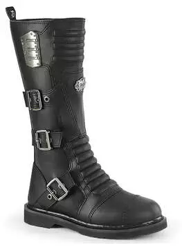 Front view of Bolt-405 men's black leather boots with buckle straps and ribbed shaft detail