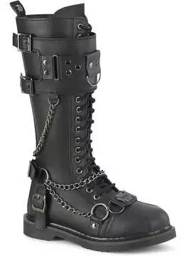 Front view of BOLT-415 chained combat boots in black with metal chain details and buckle straps
