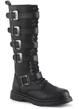 Front view of BOLT-425 20 Eyelet Boots in black vegan leather with multiple buckles and eyelets