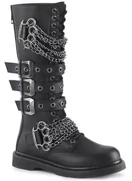 Front view of BOLT-450 knuckle combat boot in black with multiple straps, buckles, and chain details