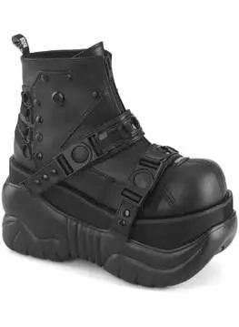Front view of Boxer-60 platform ankle boot in black with chunky sole, buckle details, and lace-up design