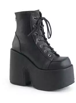Front view of CAMEL-203 black vegan leather platform boots with lace-up closure and chunky heel