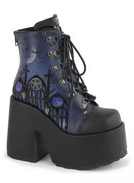 Gothic platform boots with a blue moonlit design and black laces, featuring a chunky heel.