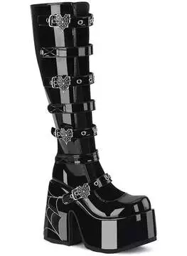 Side view of CAMEL-223 Spiderweb boots in black vegan leather with multiple buckles and chunky heel