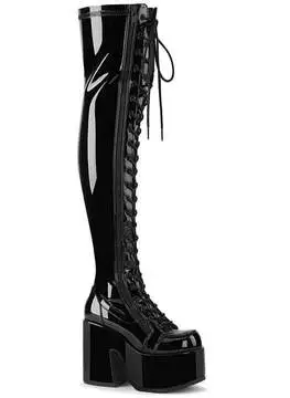 Full-length view of CAMEL-300 black patent boots with pointed toe and high stiletto heel