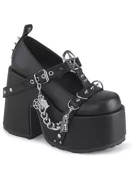 Front view of Camel-33 gothic platform shoes with pentagram, black vegan leather, chunky heel, and chain details