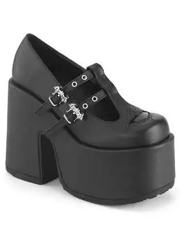 Front view of CAMEL-55 platform shoes in black vegan leather with chunky heel and buckle strap details