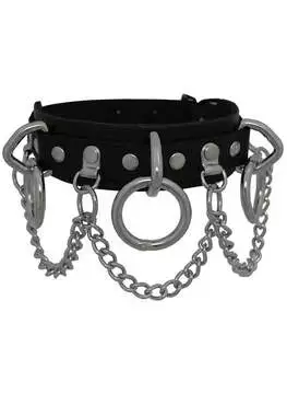 Close-up of Chain Ring Choker with black band, silver rings, and hanging chain details