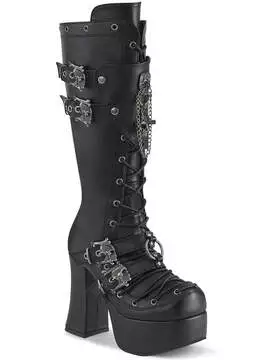 Close-up of CHARADE-230 knee-high gothic platform boots in black vegan leather with metal chain details and chunky heel