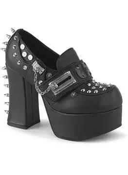 Side view of CHARADE-32 gothic platform shoes in black vegan leather with silver studs and chunky heel