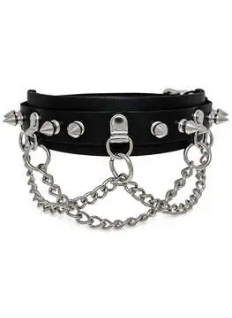 Black leather choker with silver chains, rings, and small spikes.