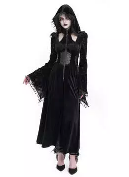Full-length view of Coven Dress - Long Black Gothic Dress with hood, lace-up front, and fringe details