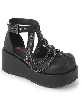 Black platform cage shoes with chain details and ankle strap by Demonia, featuring a chunky sole.