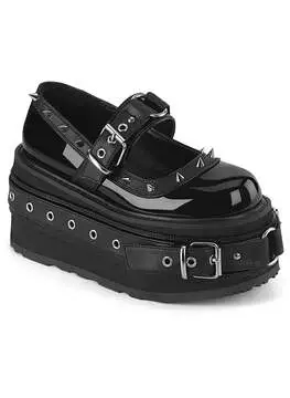 Front view of DAMNED-20 platform Maryjane shoes with chunky sole, black vegan leather, and buckle straps