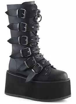 Front view of DAMNED-225 black vegan leather platform boots with multiple buckled straps and chunky sole