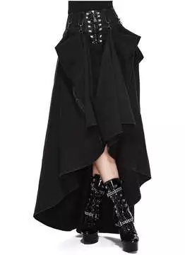 Front view of Danica Long Skirt in black with layered, flowing fabric and lace-up detail at the waist