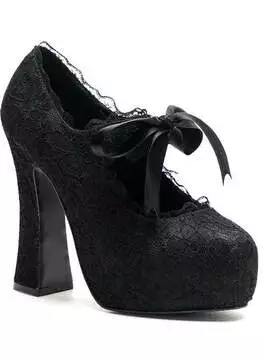 Close-up of DEMON-11 Black Lace Pumps with lace fabric, high chunky heel, and satin ribbon laces