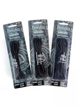 Demonia boots and shoe laces in black, flat laces with metal eyelets, on a blister pack