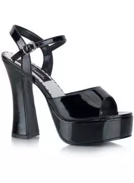 Front view of DOLLY-09 Black Patent Platforms with chunky heel and ankle strap