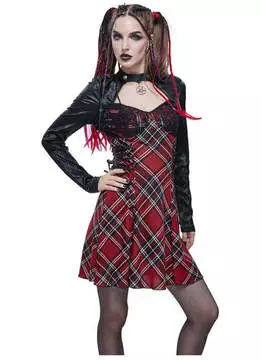 Full-body view of Donna Dress featuring a red plaid pattern, black long sleeves, and a fitted silhouette.
