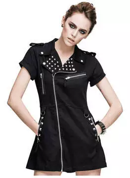 Front view of Analia Punk Dress in black with silver studded details and short sleeves