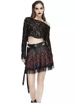 Front view of Eire Tartan Skirt with black lace overlay, pleated red and black tartan pattern, and black waistband