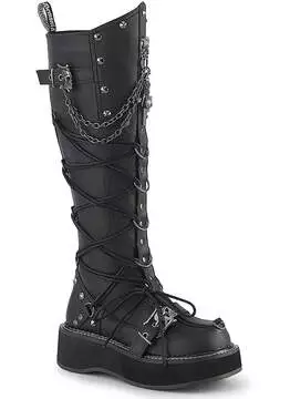 Front view of EMILY-221 knee-high platform boots in black with chain and buckle details