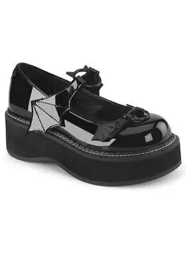 Front view of EMILY-23 patent Maryjane platform shoes in black with a chunky sole and bow detail