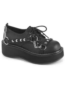 Front view of Emily-32 platform oxford shoes in black vegan leather with silver eyelets and laces