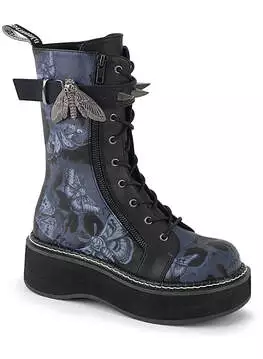 Black platform boots with a blue deathmoth and skull design, featuring laces and a side zipper.