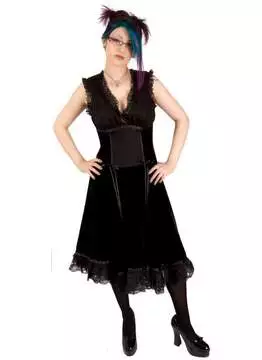 Full-body front view of Emily Circle Dress in black with lace trim and sleeveless design