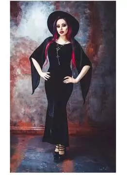 Full-length view of the Freya Gothic Velvet Maxi Dress on a model, featuring a fitted silhouette, velvet fabric, and long sleeves.