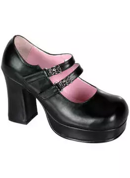 Side view of GOTHIKA-09 black Maryjane shoes with chunky heel, double straps, and pink interior
