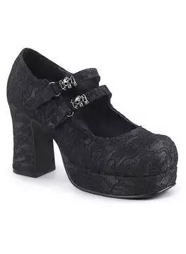 Side view of GOTHIKA-09 black satin-lace platform shoe with chunky heel and decorative buckles