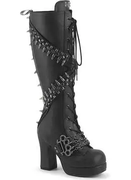 Side view of Gothika-108 platform boots in black with bullet and brass knuckle embellishments, high heel