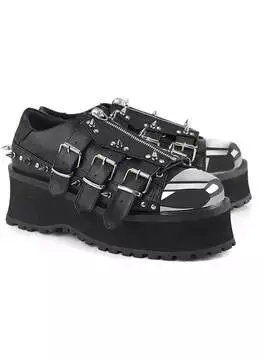 Front view of GRAVEDIGGER-03 platform shoes in black vegan leather with silver hardware and chunky sole