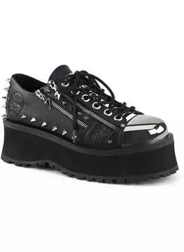 Front view of GRAVEDIGGER-04 chrome plated platform shoes with black leather and silver hardware details