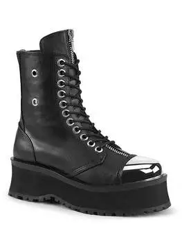 Front view of GRAVEDIGGER-10 silver toe cap boots with black vegan leather, chunky sole, and lace-up design