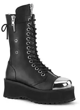 Front view of GRAVEDIGGER-14 black chrome toe platform boots with lace-up front and chunky sole