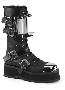 Front view of GRAVEDIGGER-250 spiked platform combat boot with black vegan leather, metal accents, and buckle details