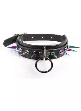 Choker with heat tempered spikes and black O-ring, black band with multicolored accents, front view