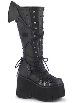KERA-203 knee-high gothic platform boots in black with cone spikes, front lacing, and side zipper