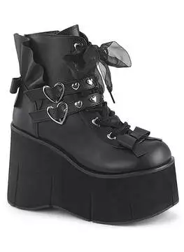 Front view of KERA-55 Hearts platform boots in black vegan leather with heart-shaped metal accents and chunky sole