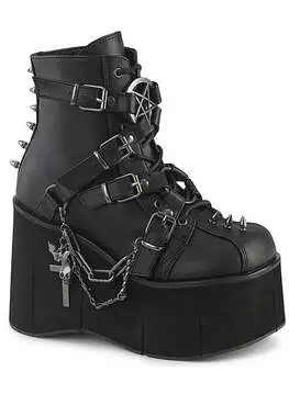 Side view of KERA-68 pentagram platform boots in black vegan leather with multiple straps, buckles, and chain details