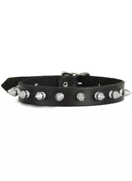 Close-up of Short Silver Spike Leather Choker with silver cone spikes on black leather