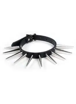Black leather choker with multiple silver spikes arranged around the band.