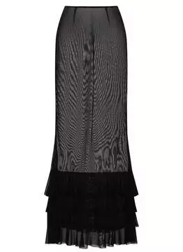 Front view of Lilith Mesh Maxi Trumpet Skirt in black with sheer mesh fabric and layered ruffle hem