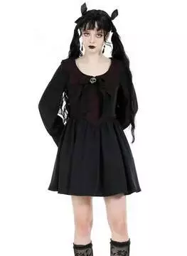 Front view of Lily Long Sleeve Gothic Dress with bat wing lapels, black fabric, and lace details