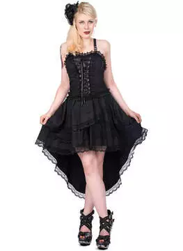 Front view of Lolita Wing Dress in black with lace details and layered tulle skirt