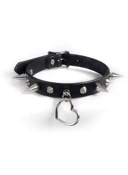 Black leather choker with silver spikes, studs, and a heart-shaped ring charm